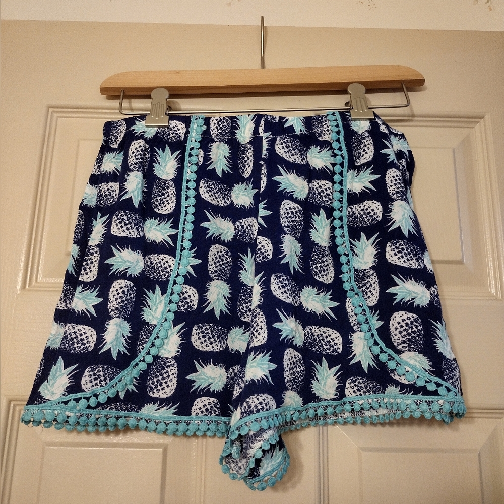 Navy Pineapple Print Shorts with Teal Accents